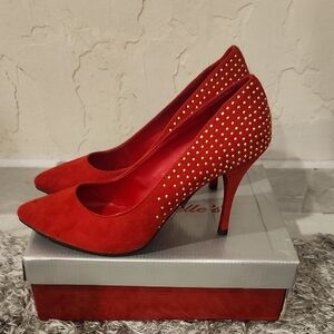 Breckelle's Red Faux- Suede Gold studded Pumps